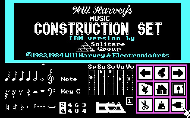 The splash screen for Music Construction Set running on a PCjr
